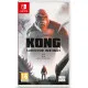 A Nintendo Switch game case showing a giant silhouette of Kong roaring amidst burning city skyscrapers while a lone man searches through the ruins below