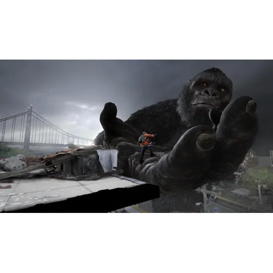 A Nintendo Switch game case showing a giant silhouette of Kong roaring amidst burning city skyscrapers while a lone man searches through the ruins below