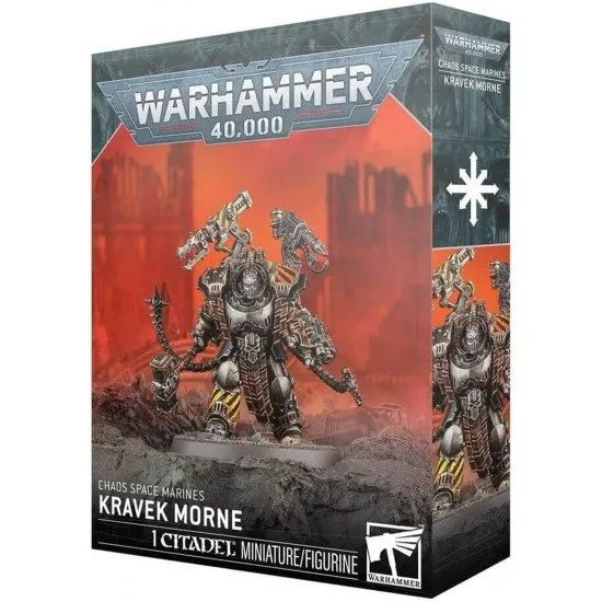 A Citadel miniature of Kravek Morne in heavy Chaos Terminator armour wielding a massive hammer and fitted with mechanical tendrils