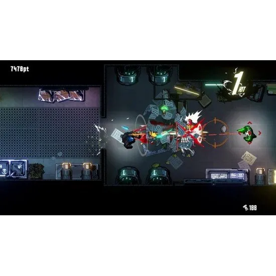 A stylish top-down view of a pixel-art city street with neon lights and a character engaging in fast-paced combat