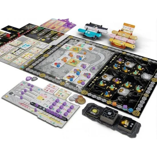 Top-down view of the Kutna Hora board game including silver mines, city tiles, and Saint Barbara's Cathedral