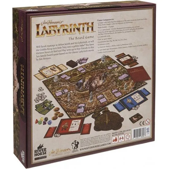 Labyrinth Board Game box art featuring Sarah, Jareth the Goblin King, and beloved creatures like Ludo and Hoggle