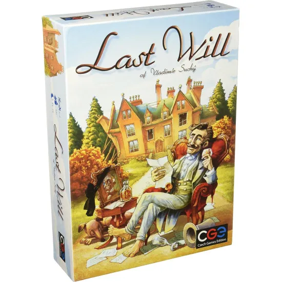 Last Will board game box featuring Victorian gentleman artwork in a lighthearted race to bankruptcy worker placement strategy game