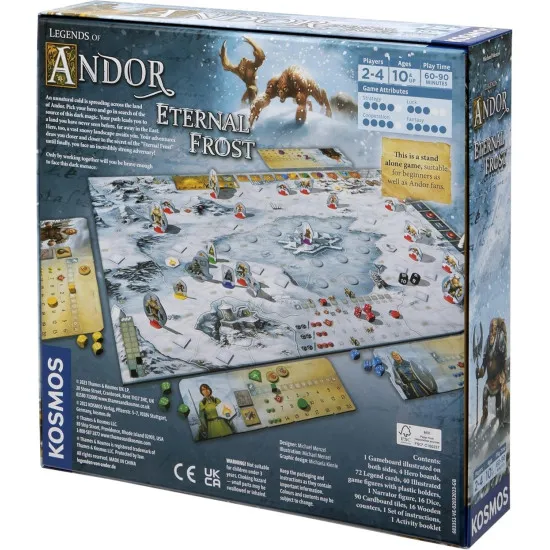 A fantasy board game expansion box showing a group of four armored heroes standing on a snowy mountain ledge looking down at a vast, frozen wilderness