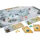 A fantasy board game expansion box showing a group of four armored heroes standing on a snowy mountain ledge looking down at a vast, frozen wilderness