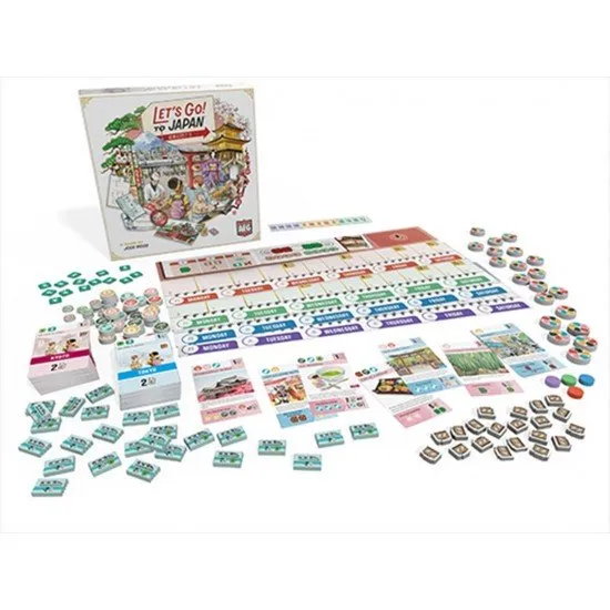 Colourful activity cards featuring Japanese landmarks and food arranged in a seven-day calendar layout