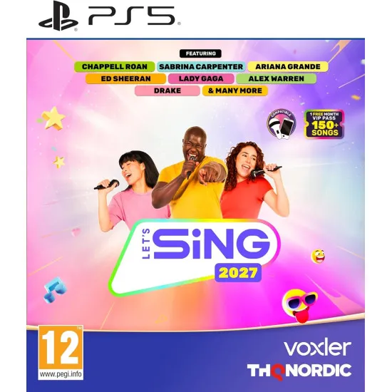 PlayStation 5 game case for Let's Sing 2027 showing vibrant musical avatars performing on stage