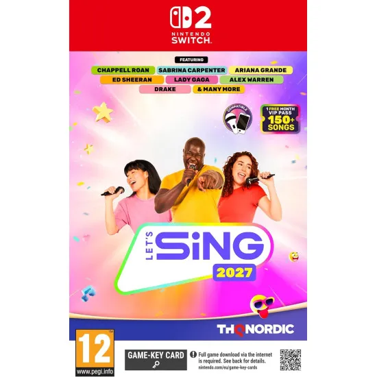 Nintendo Switch 2 game case for Let's Sing 2027 depicting colorful avatars performing on a brightly lit concert stage