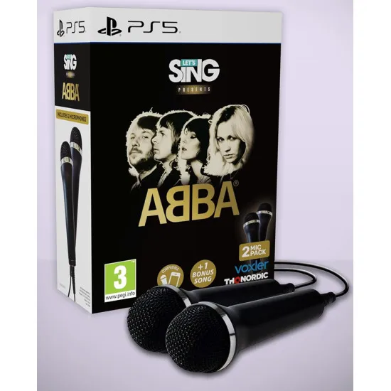 PlayStation 5 game case for Let's Sing ABBA Double Mic Bundle showing ABBA members on stage with two included USB microphones