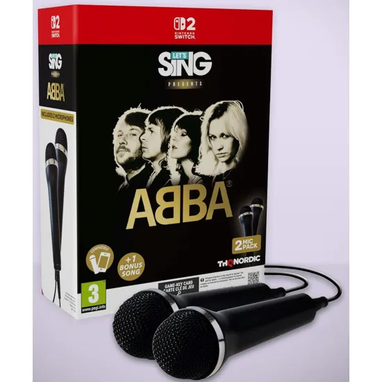 Nintendo Switch 2 game case for Let's Sing ABBA Double Mic Bundle displaying avatars in iconic ABBA outfits and two USB mics