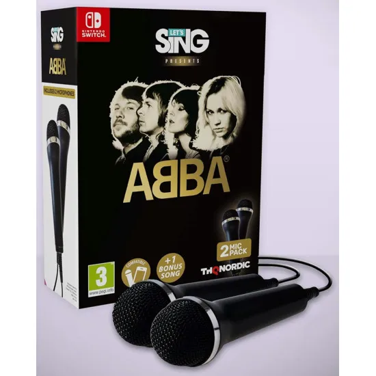 Nintendo Switch game case for Let's Sing ABBA Double Mic Bundle showing disco stage visuals and two included USB microphones