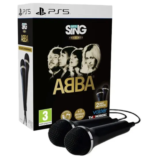 PlayStation 5 game case for Let's Sing ABBA Double Mic Bundle showing ABBA members on stage with two included USB microphones