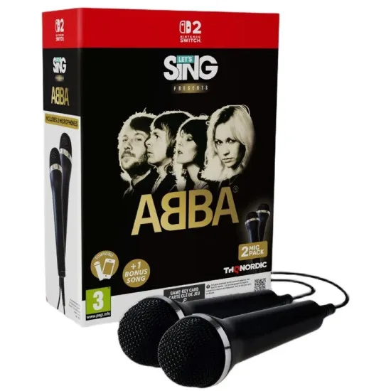 Nintendo Switch 2 game case for Let's Sing ABBA Double Mic Bundle displaying avatars in iconic ABBA outfits and two USB mics