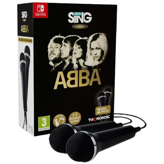 Nintendo Switch game case for Let's Sing ABBA Double Mic Bundle showing disco stage visuals and two included USB microphones
