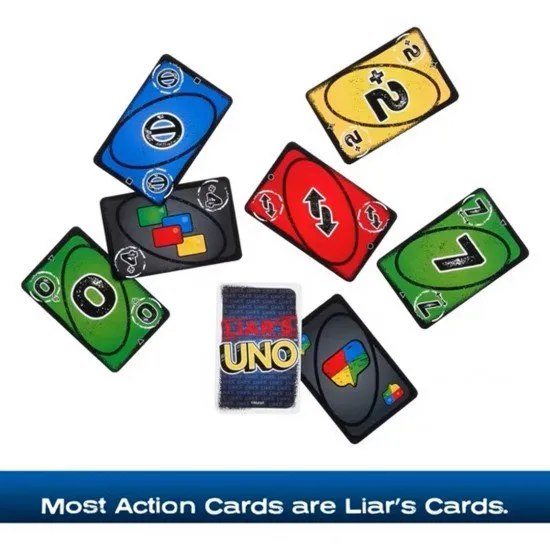Liar's UNO card game box art showing cards face down and players with sneaky expressions