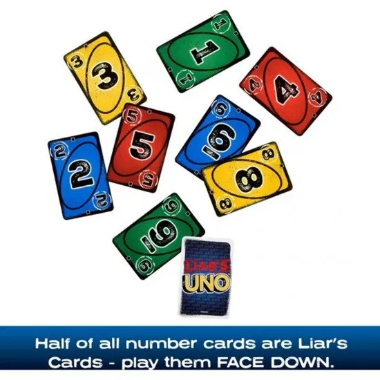 Liar's UNO card game box art showing cards face down and players with sneaky expressions