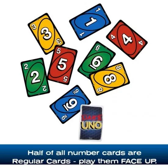 Liar's UNO card game box art showing cards face down and players with sneaky expressions