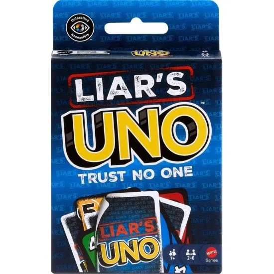 Liar's UNO card game box art showing cards face down and players with sneaky expressions