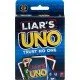 Liar's UNO card game box art showing cards face down and players with sneaky expressions