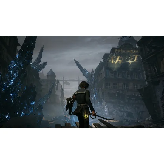 A Nintendo Switch 2 game case showing a mechanical puppet with a metallic left arm holding a curved sabre against a dark Belle Epoque city backdrop