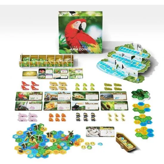 Life of The Amazonia Board Game The box art for the "Life of The Amazonia" board game, showing toucans and other animals in a lush rainforest scene.
