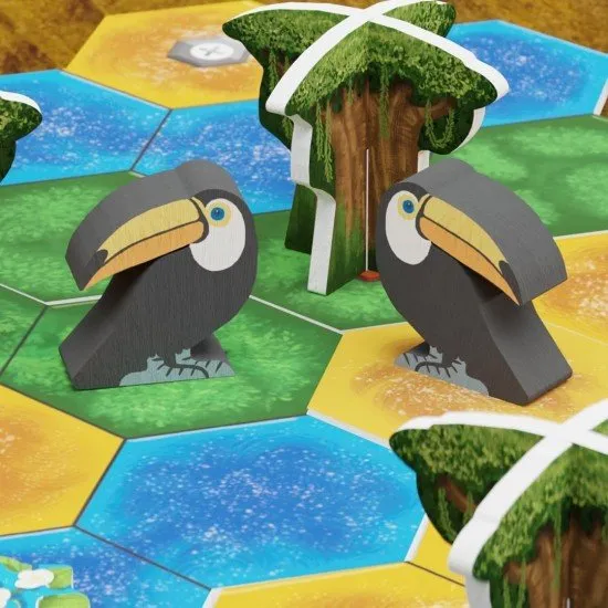 Life of The Amazonia Board Game The box art for the "Life of The Amazonia" board game, showing toucans and other animals in a lush rainforest scene.