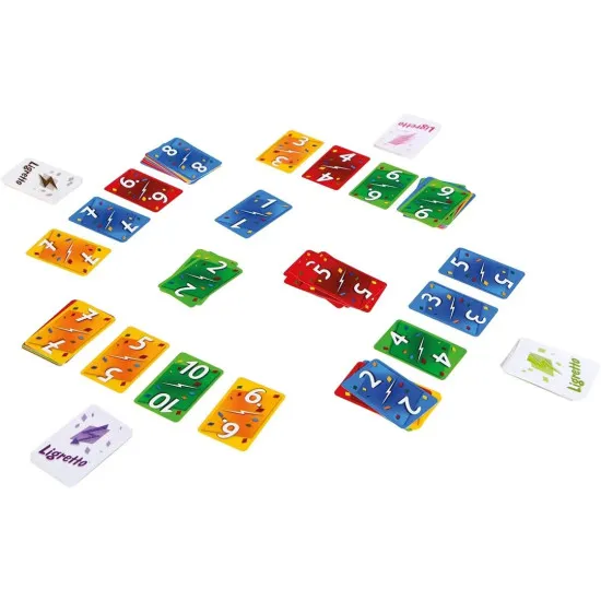 A vibrant green card game box showing dynamic cards flying through the air in a chaotic, fast-paced race
