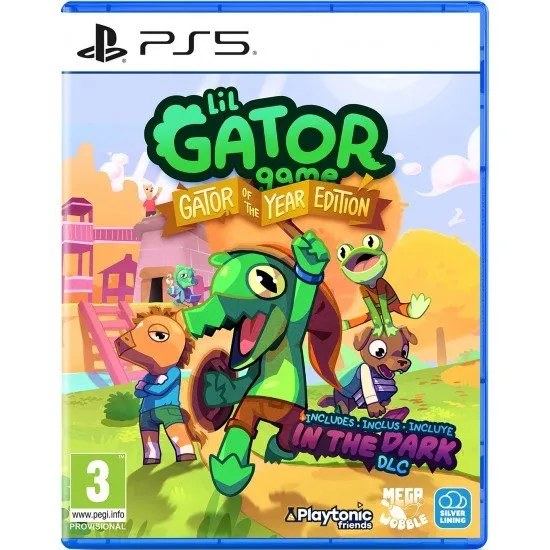 Lil Gator Game PS5 cover featuring a cute alligator with a stick sword and cardboard shield in a vibrant forest