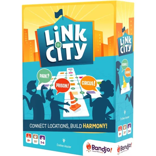 A colourful party board game box showing illustrated town squares, roads, and building tiles connecting together to form a vibrant, quirky city layout