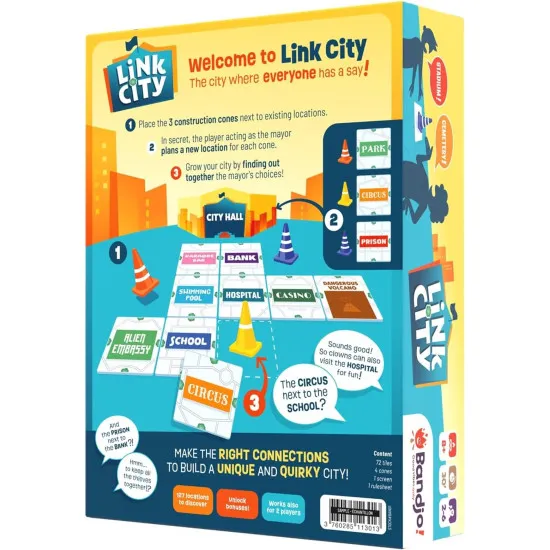 A colourful party board game box showing illustrated town squares, roads, and building tiles connecting together to form a vibrant, quirky city layout