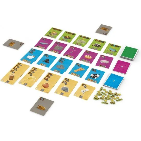 Little Factory game box showing a colourful medieval town with various resource icons