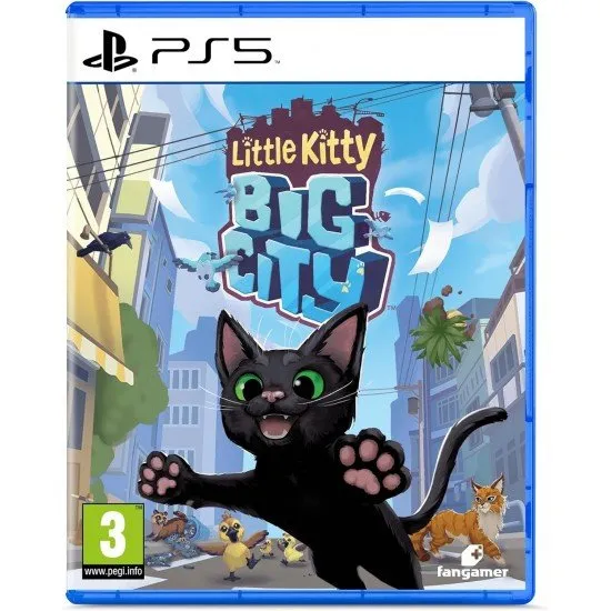 A small black cat wearing a green dinosaur hat sitting on a busy city pavement surrounded by tall buildings