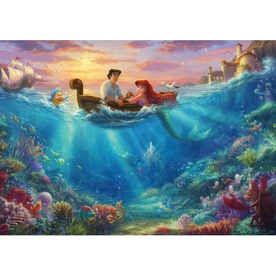 Disney The Little Mermaid 500 Piece Puzzle Thomas Kinkade The box art for The Little Mermaid 500-piece jigsaw puzzle by Thomas Kinkade, showing Ariel, Flounder, and Sebastian in the "Painter of Light" style.