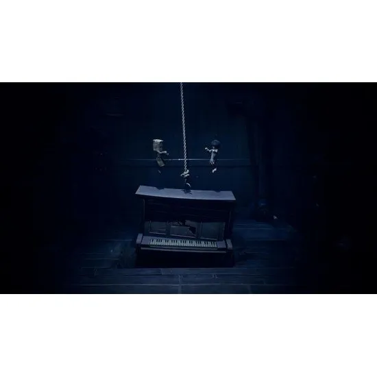 A young boy in a paper bag mask and a girl in a yellow raincoat walking through a dark, distorted city street