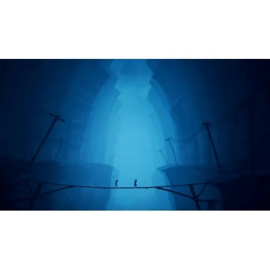 A young boy in a paper bag mask and a girl in a yellow raincoat walking through a dark, distorted city street