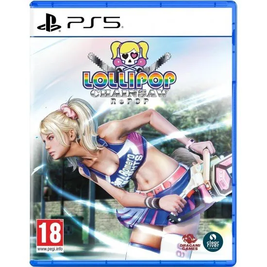 Lollipop Chainsaw RePOP PS5 box art showing cheerleader Juliet Starling posing dynamically with her chainsaw and her boyfriend's head attached to her belt