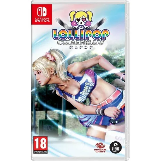 Lollipop Chainsaw RePOP Nintendo Switch box art showing cheerleader Juliet Starling posing dynamically with her chainsaw and her boyfriend's head attached to her belt