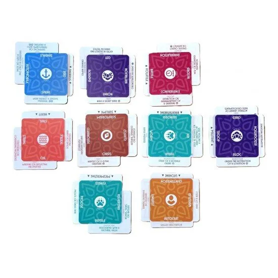 The Story Engine Lore Master's Deck showing the treasure-chest style box and several of the 8 double-sided card types arranged in a lore cluster