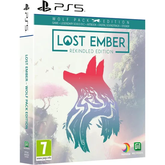 A PlayStation 5 game case depicting a parrot soaring over a massive canyon river while a wolf looks down from a rocky cliff edge bordered by glowing ancient carvings