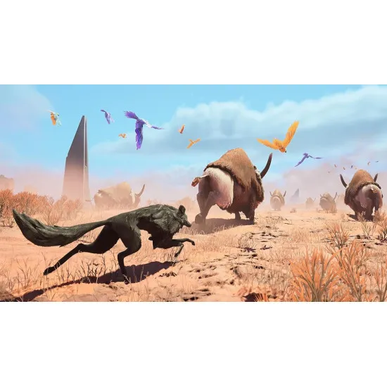 A PlayStation 5 game case depicting a parrot soaring over a massive canyon river while a wolf looks down from a rocky cliff edge bordered by glowing ancient carvings
