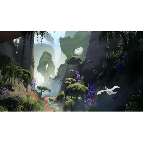 A PlayStation 5 game case depicting a parrot soaring over a massive canyon river while a wolf looks down from a rocky cliff edge bordered by glowing ancient carvings