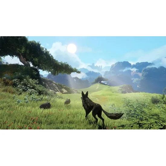 A PlayStation 5 game case depicting a parrot soaring over a massive canyon river while a wolf looks down from a rocky cliff edge bordered by glowing ancient carvings