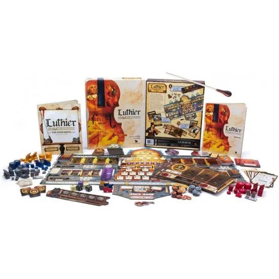 The box art for the Luthier board game, showing a luthier in a workshop crafting a violin, with classical musical scores and instruments in the background.