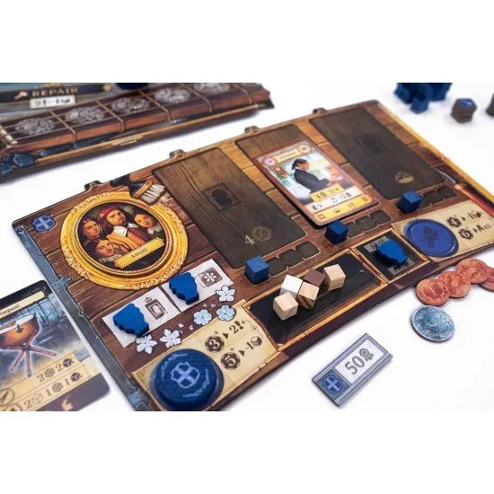 The box art for the Luthier board game, showing a luthier in a workshop crafting a violin, with classical musical scores and instruments in the background.