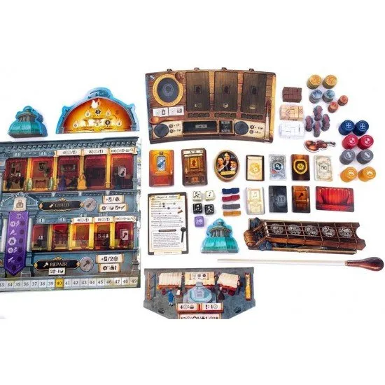 The box art for the Luthier board game, showing a luthier in a workshop crafting a violin, with classical musical scores and instruments in the background.