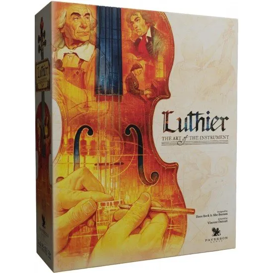 The box art for the Luthier board game, showing a luthier in a workshop crafting a violin, with classical musical scores and instruments in the background.