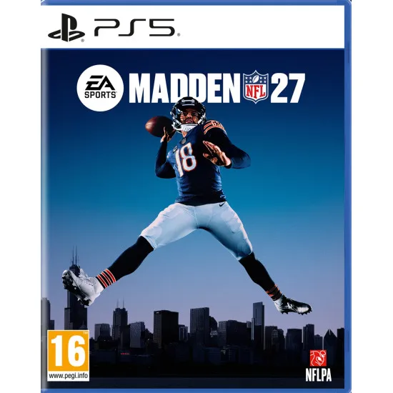 A PlayStation 5 game case depicting a roaring defensive end sacking a quarterback in a packed, photorealistic modern stadium under bright lights