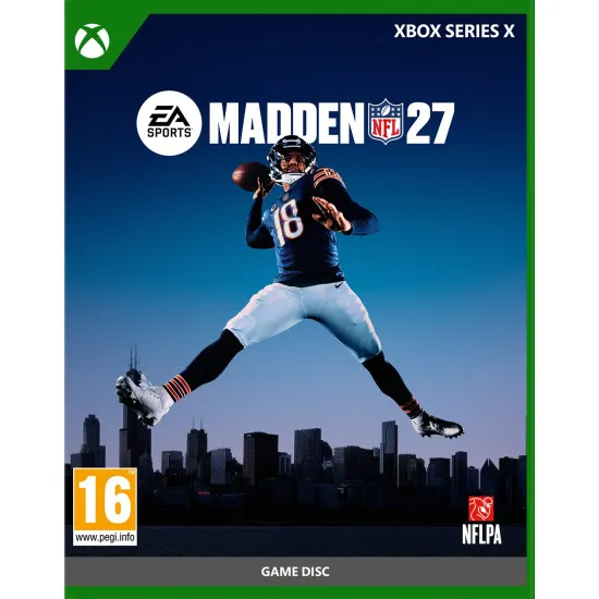 An Xbox Series X game case displaying an NFL superstar quarterback throwing a tight spiral pass downfield while defensive players close in under stadium lights