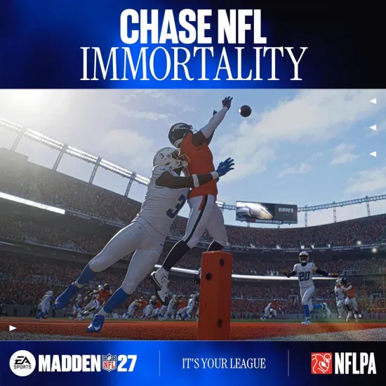 A Nintendo Switch 2 game case featuring an intense wide receiver catching a touchdown pass in the back of the end zone during a heavy rain game