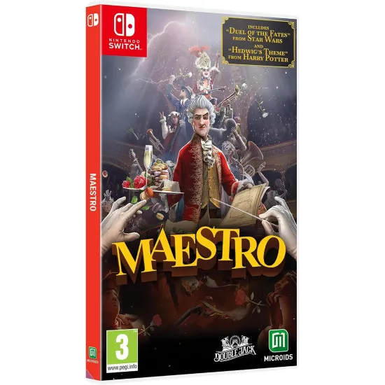 A Nintendo Switch game case depicting a conductor raising a glowing baton before a grand, illuminated concert hall packed with a full symphonic orchestra